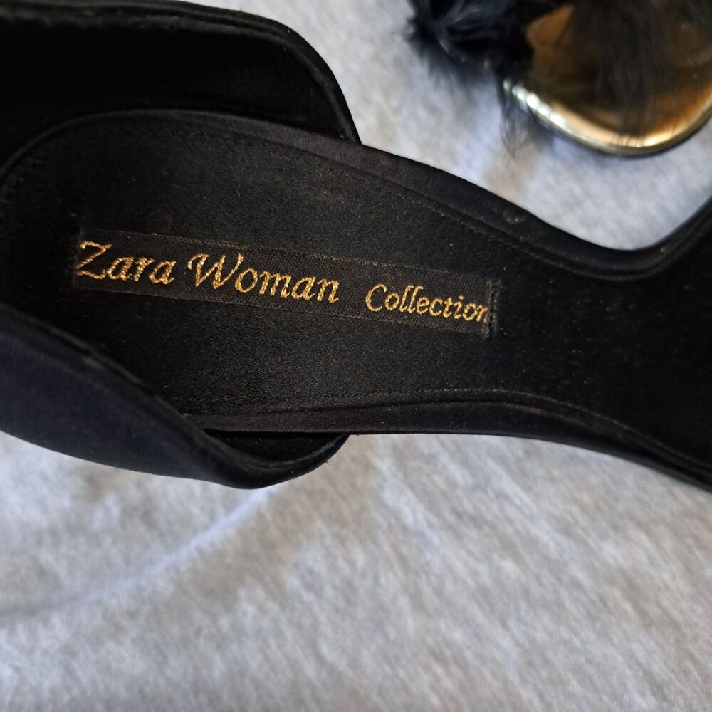 ZARA Feathered High-Heel Party Sandals Black& Gold Size USA 7.5 EUR 38 - Picture 3 of 9